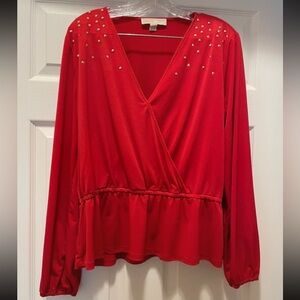 Michael Kors Red Studded Wrap Blouse Bedazzled Long Sleeve Top Christmas Size XL